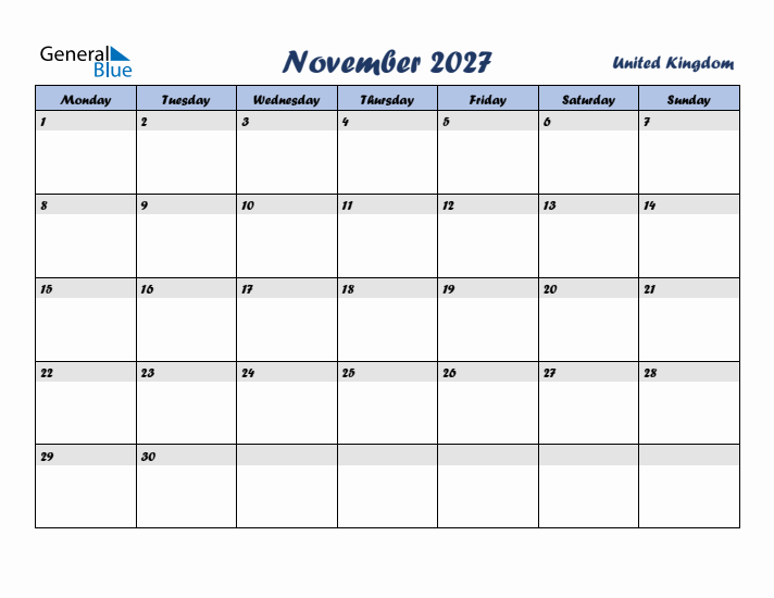 November 2027 Calendar with Holidays in United Kingdom