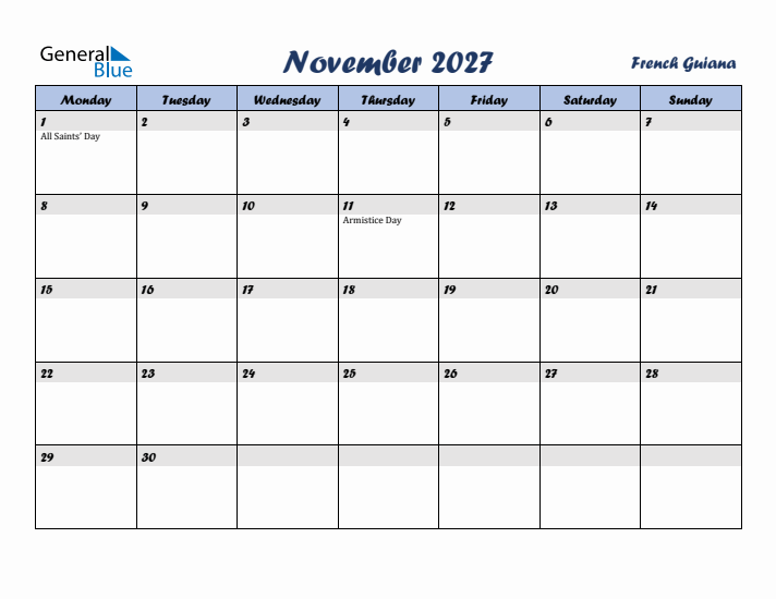 November 2027 Calendar with Holidays in French Guiana