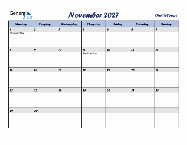 November 2027 Calendar with Holidays in Guadeloupe