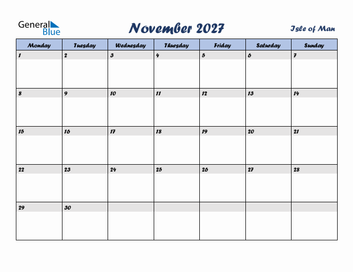 November 2027 Calendar with Holidays in Isle of Man