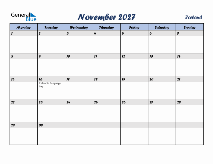 November 2027 Calendar with Holidays in Iceland