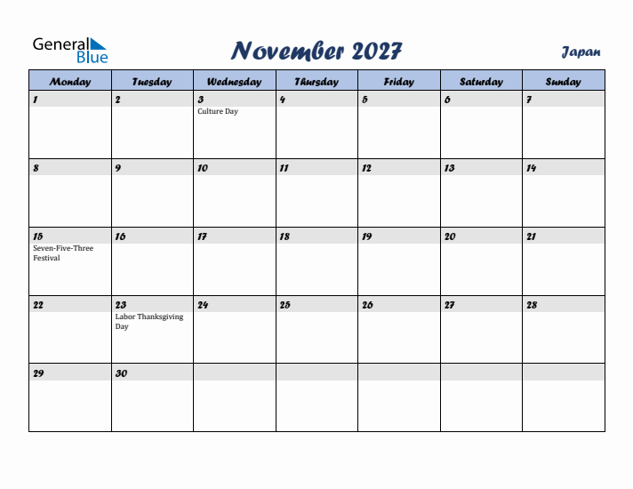 November 2027 Calendar with Holidays in Japan