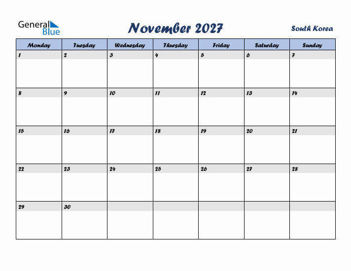 November 2027 Calendar with Holidays in South Korea