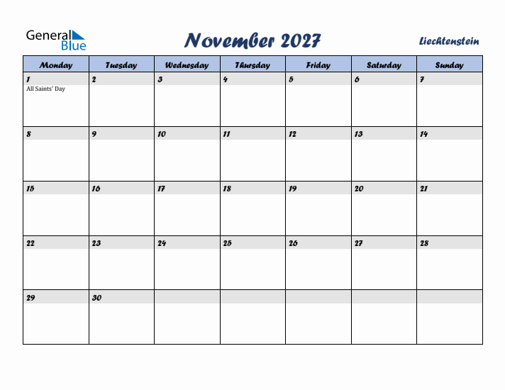 November 2027 Calendar with Holidays in Liechtenstein
