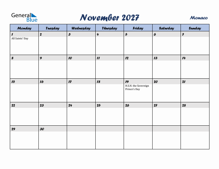 November 2027 Calendar with Holidays in Monaco