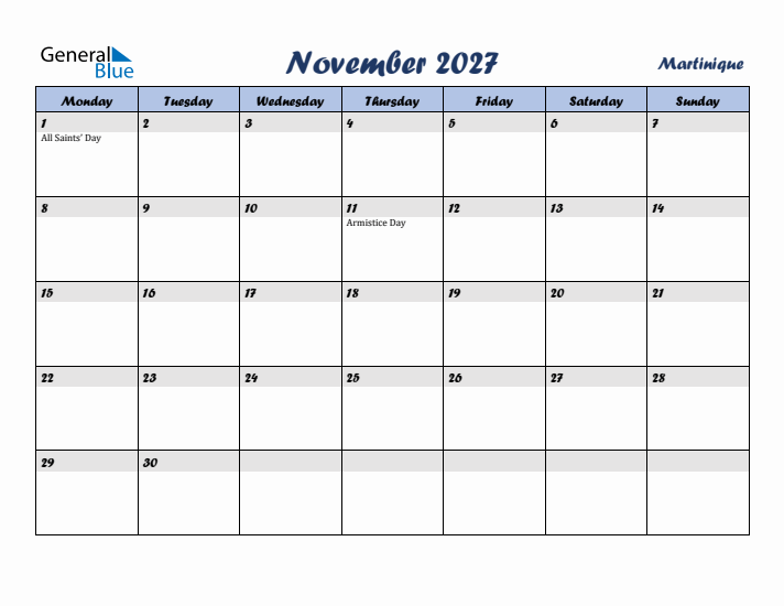November 2027 Calendar with Holidays in Martinique