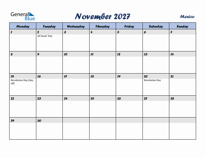 November 2027 Calendar with Holidays in Mexico