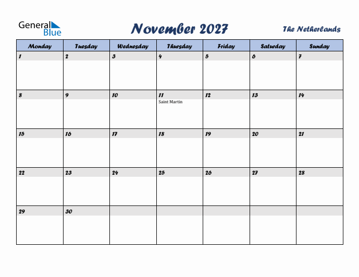 November 2027 Calendar with Holidays in The Netherlands