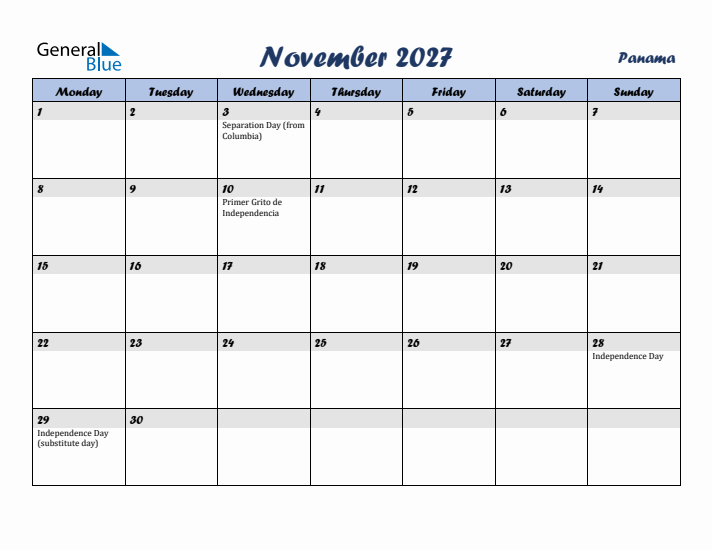 November 2027 Calendar with Holidays in Panama