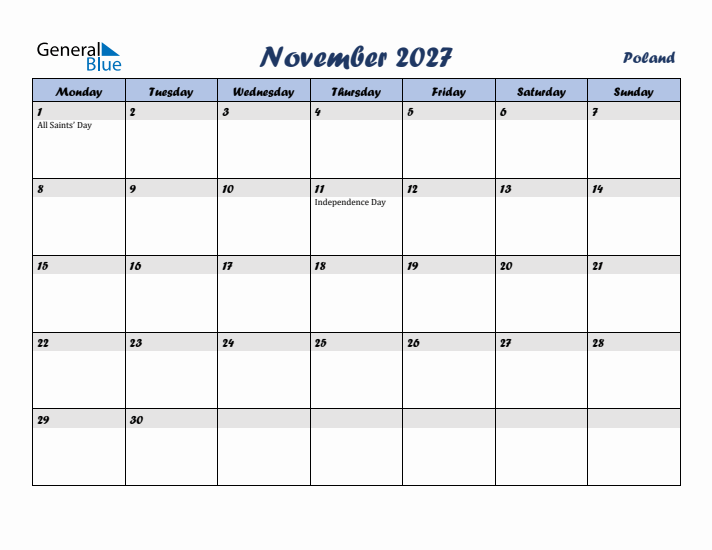 November 2027 Calendar with Holidays in Poland