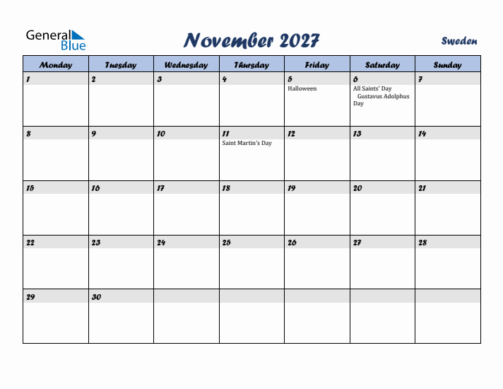 November 2027 Calendar with Holidays in Sweden