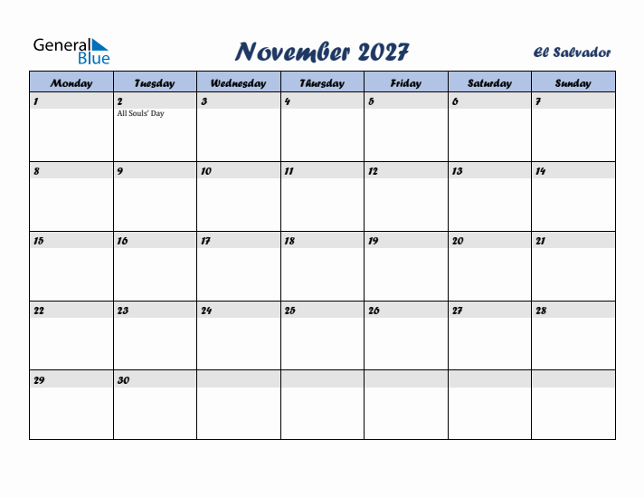 November 2027 Calendar with Holidays in El Salvador
