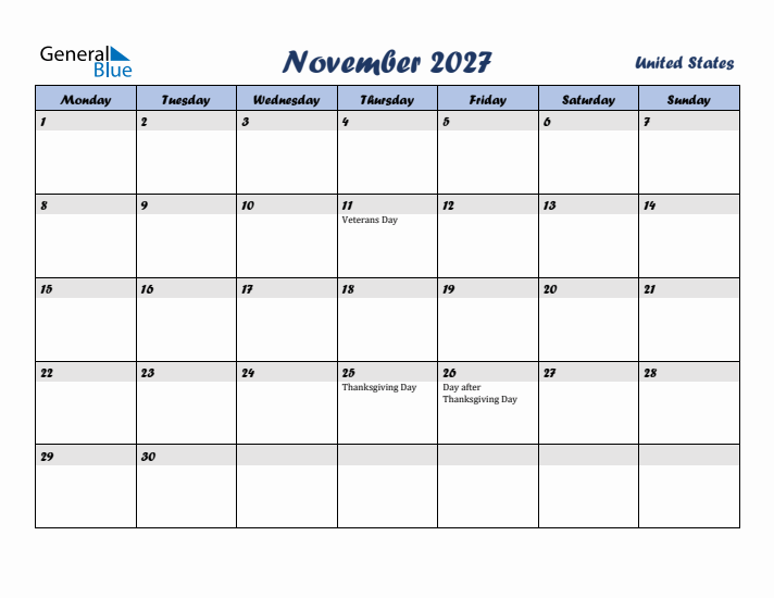 November 2027 Calendar with Holidays in United States