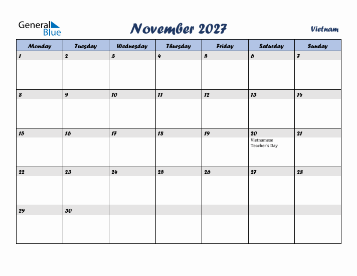 November 2027 Calendar with Holidays in Vietnam