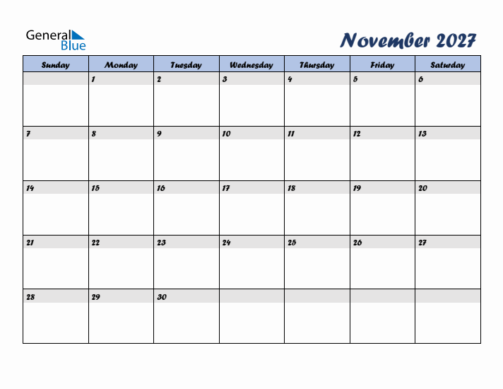 November 2027 Blue Calendar (Sunday Start)