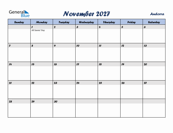 November 2027 Calendar with Holidays in Andorra