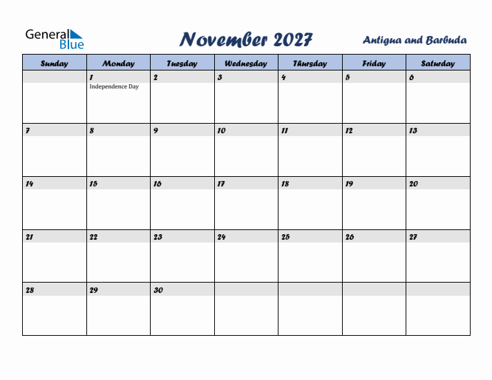 November 2027 Calendar with Holidays in Antigua and Barbuda