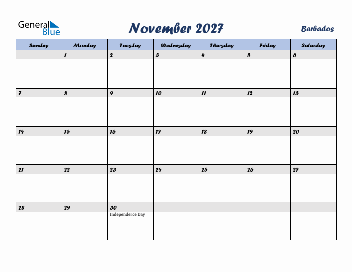 November 2027 Calendar with Holidays in Barbados