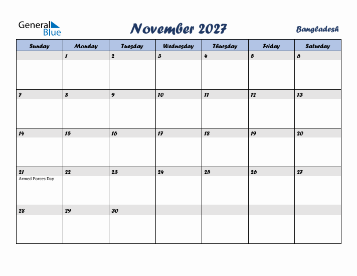 November 2027 Calendar with Holidays in Bangladesh