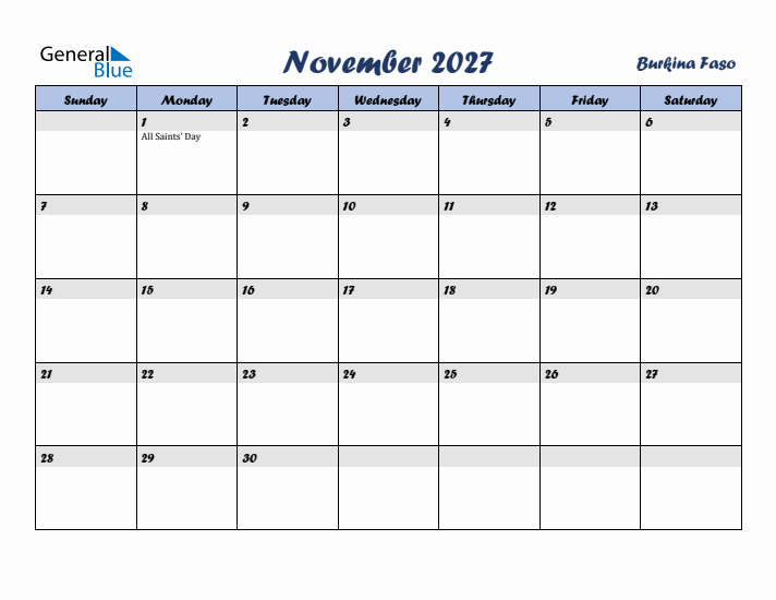 November 2027 Calendar with Holidays in Burkina Faso
