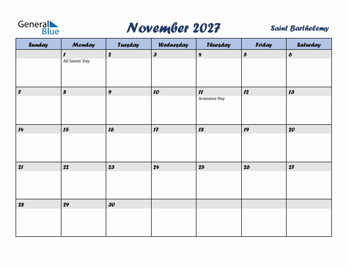 November 2027 Calendar with Holidays in Saint Barthelemy