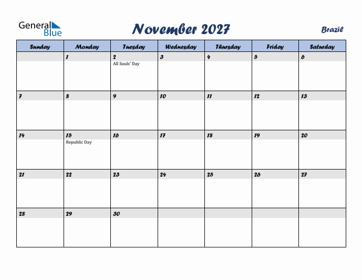 November 2027 Calendar with Holidays in Brazil