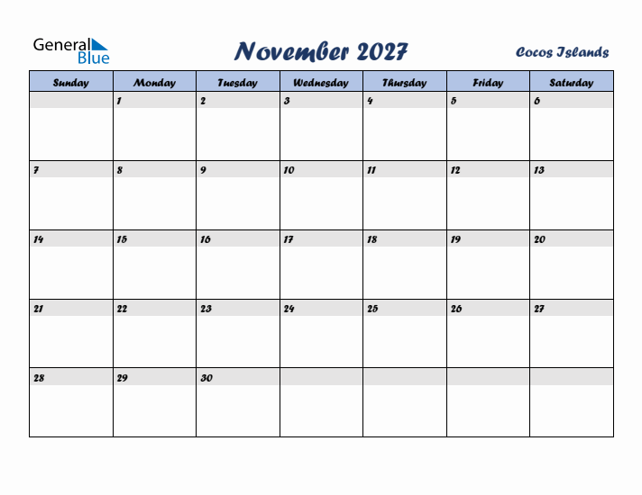 November 2027 Calendar with Holidays in Cocos Islands