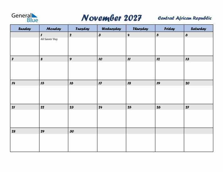 November 2027 Calendar with Holidays in Central African Republic