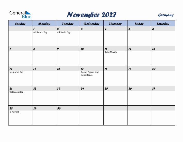 November 2027 Calendar with Holidays in Germany