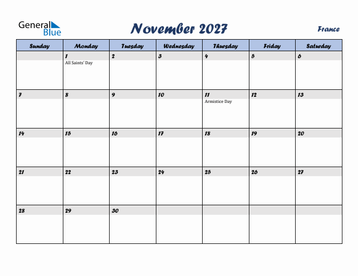 November 2027 Calendar with Holidays in France