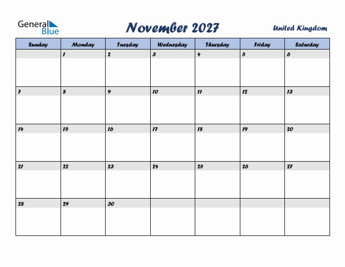 November 2027 Calendar with Holidays in United Kingdom