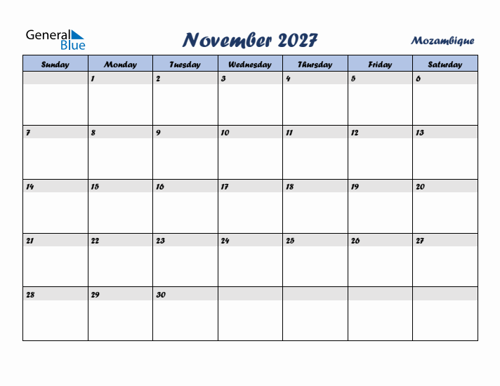 November 2027 Calendar with Holidays in Mozambique