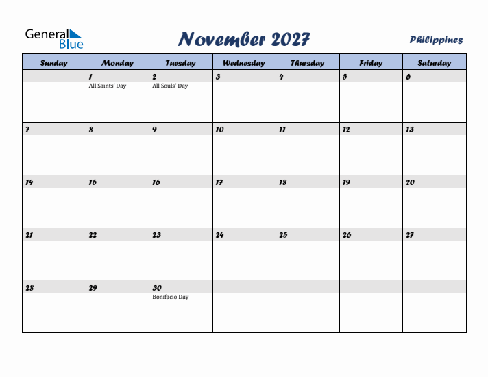 November 2027 Calendar with Holidays in Philippines