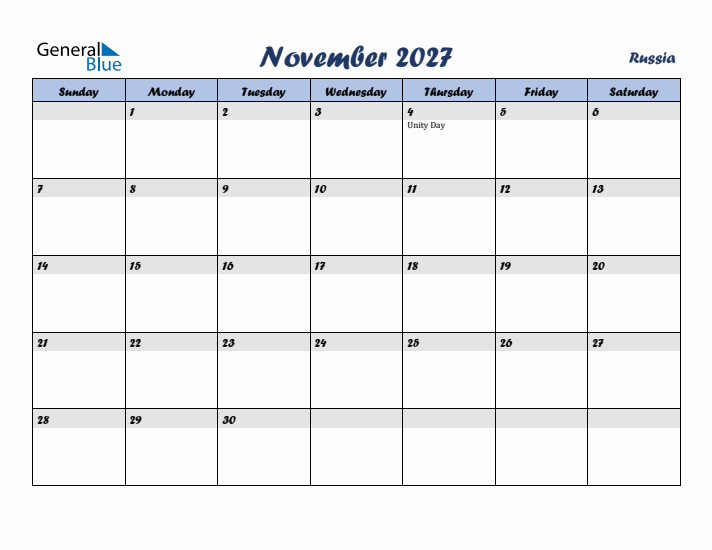 November 2027 Calendar with Holidays in Russia