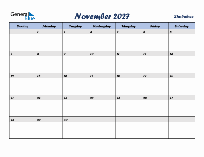 November 2027 Calendar with Holidays in Zimbabwe