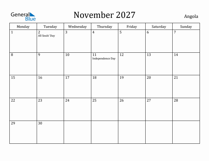 November 2027 Calendar Angola