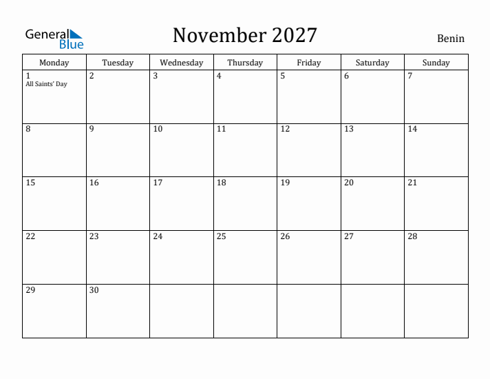 November 2027 Calendar Benin