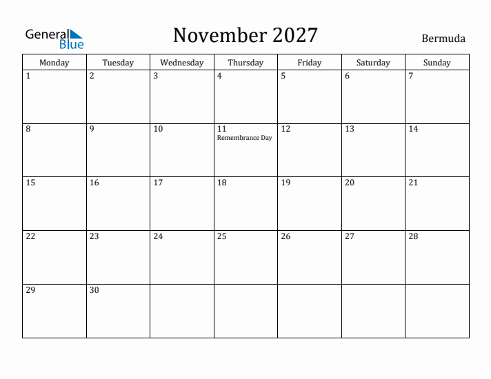 November 2027 Calendar Bermuda
