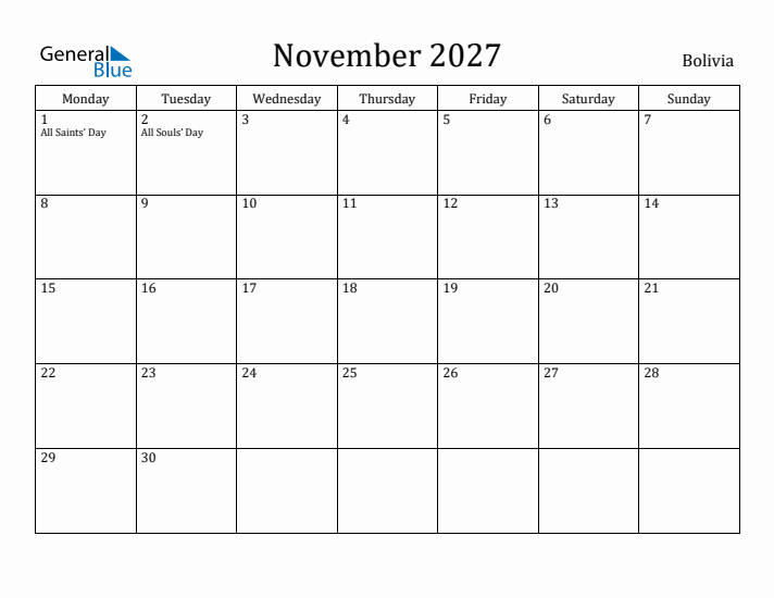 November 2027 Calendar Bolivia