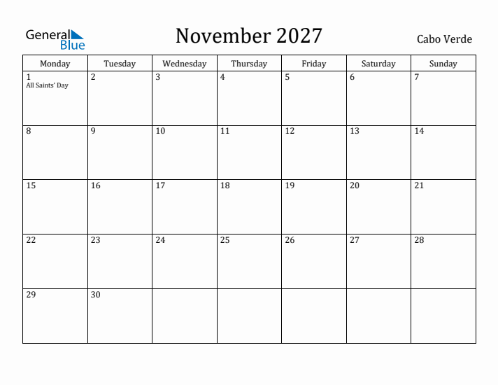 November 2027 Calendar Cabo Verde