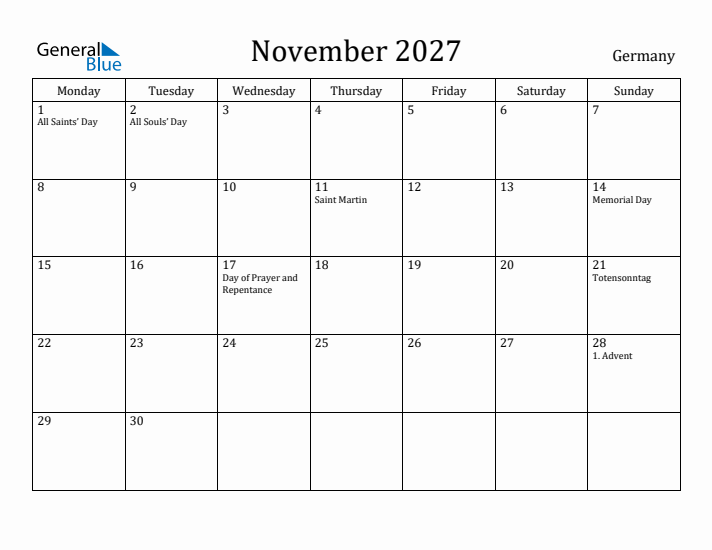 November 2027 Calendar Germany
