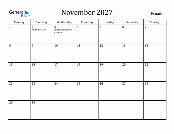 November 2027 Calendar Ecuador