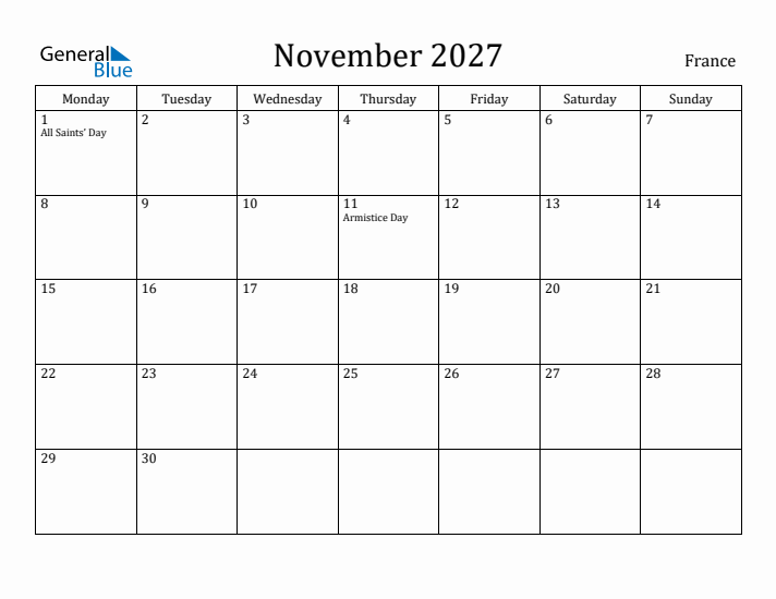 November 2027 Calendar France