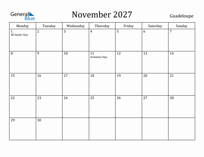 November 2027 Calendar Guadeloupe