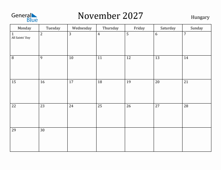 November 2027 Calendar Hungary