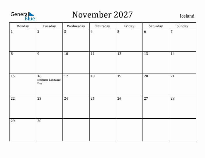 November 2027 Calendar Iceland