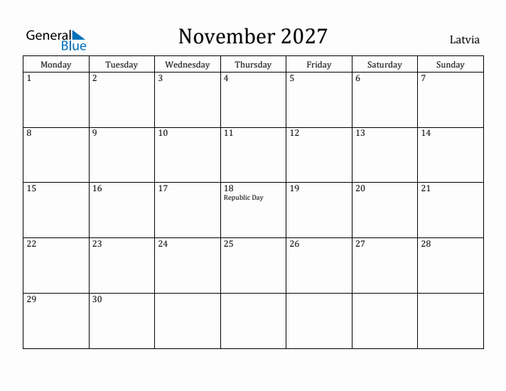 November 2027 Calendar Latvia
