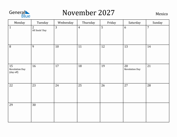 November 2027 Calendar Mexico
