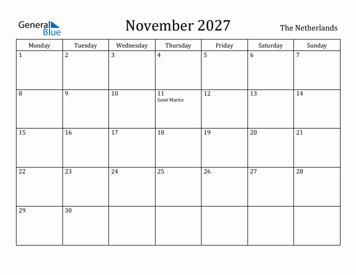 November 2027 Calendar The Netherlands