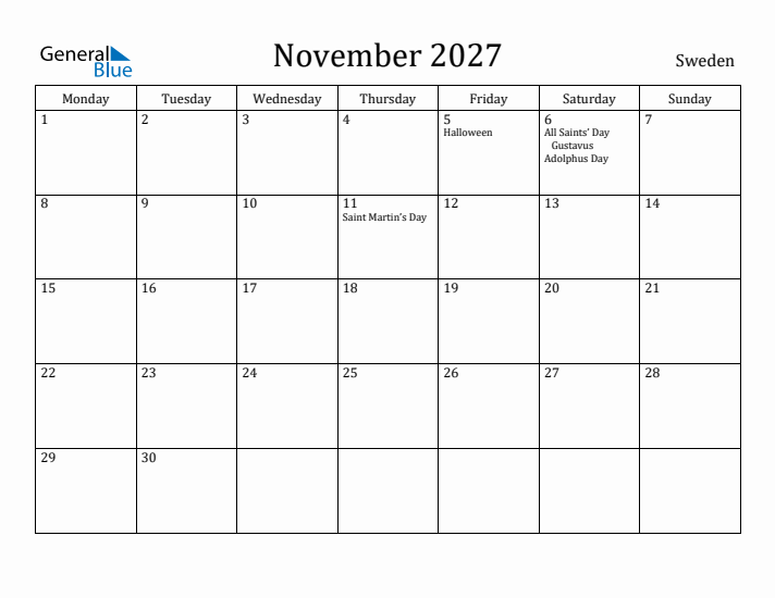 November 2027 Calendar Sweden